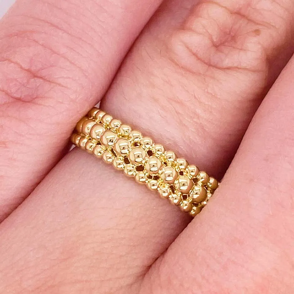 14 Karat Gold Three-Row Beaded Ring Band