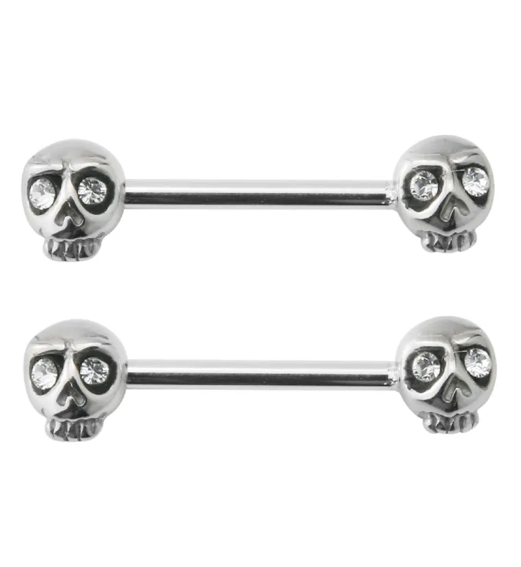 14G Double Skull Gem Nipple Ring Barbell