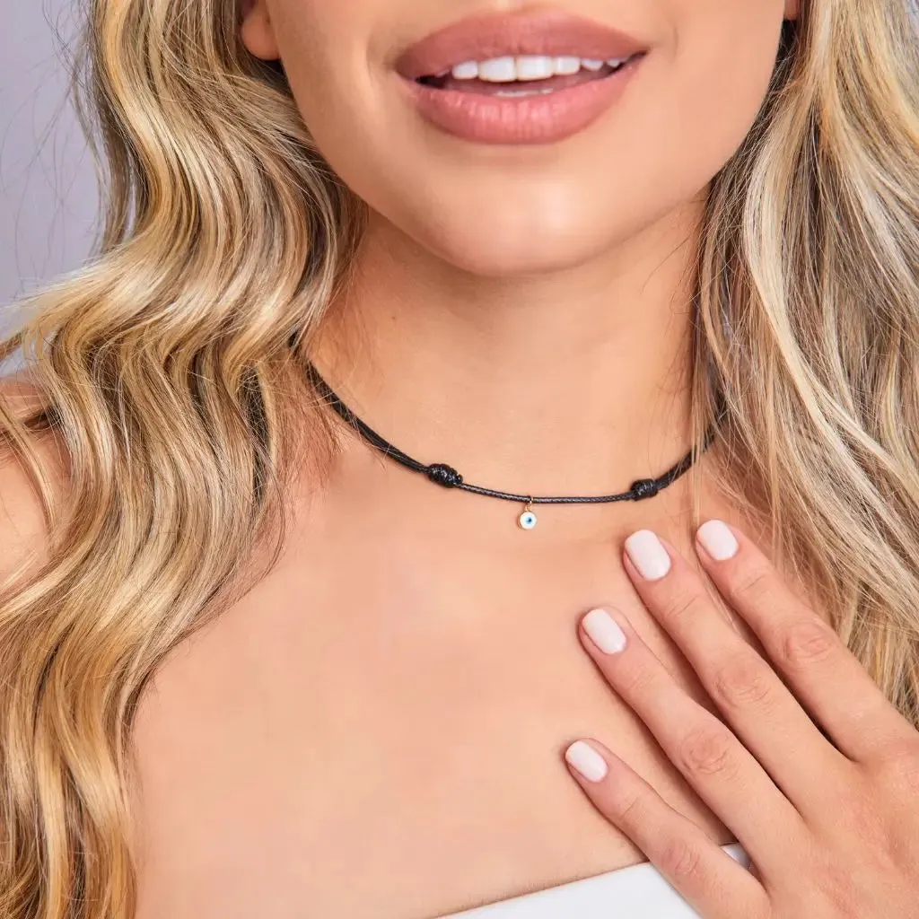 14K Gold Filled Evil Eye Choker - Adjustable, Waterproof Wax Nylon