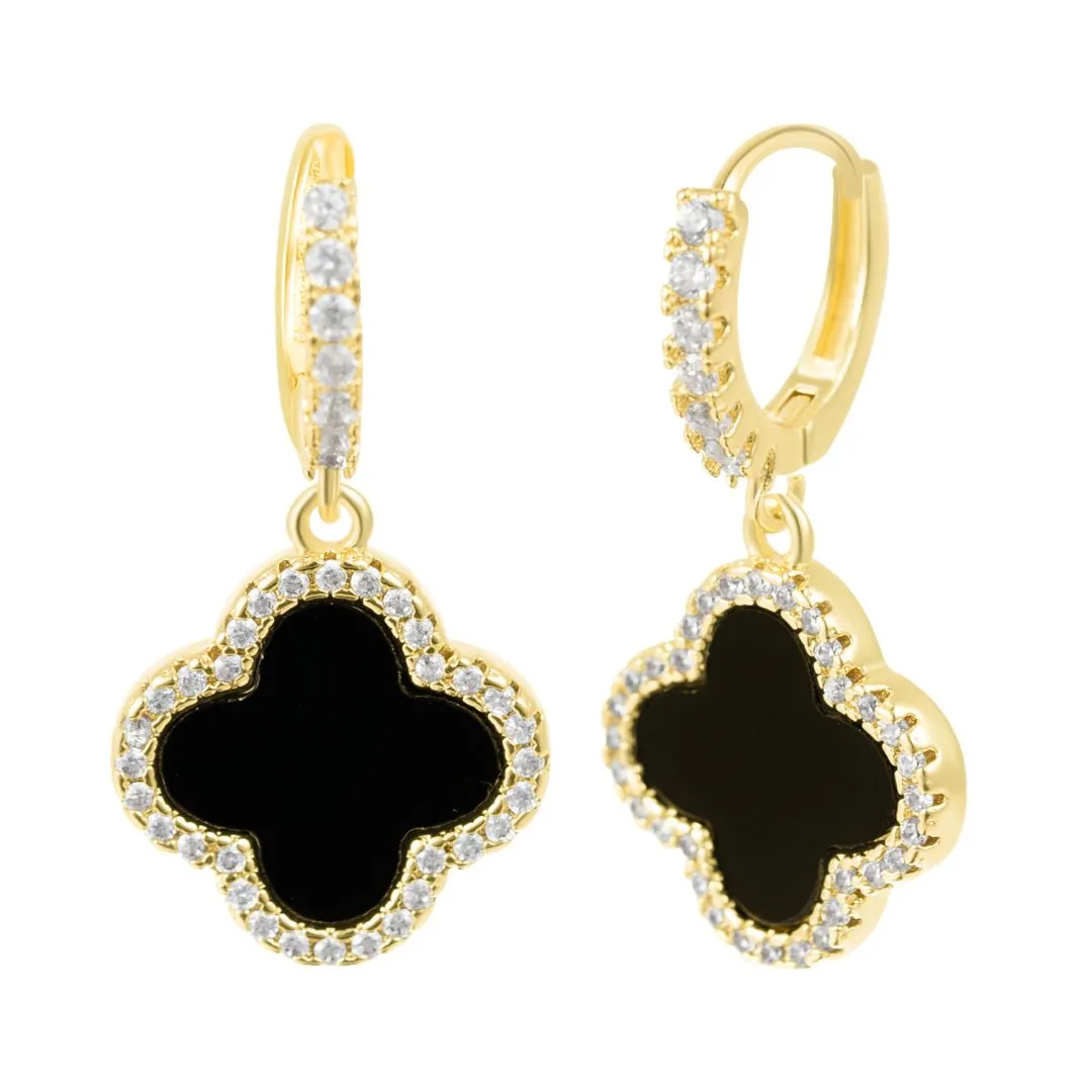 14k Gold Plated Crystal Halo Black Clover Dangle Huggie Earrings