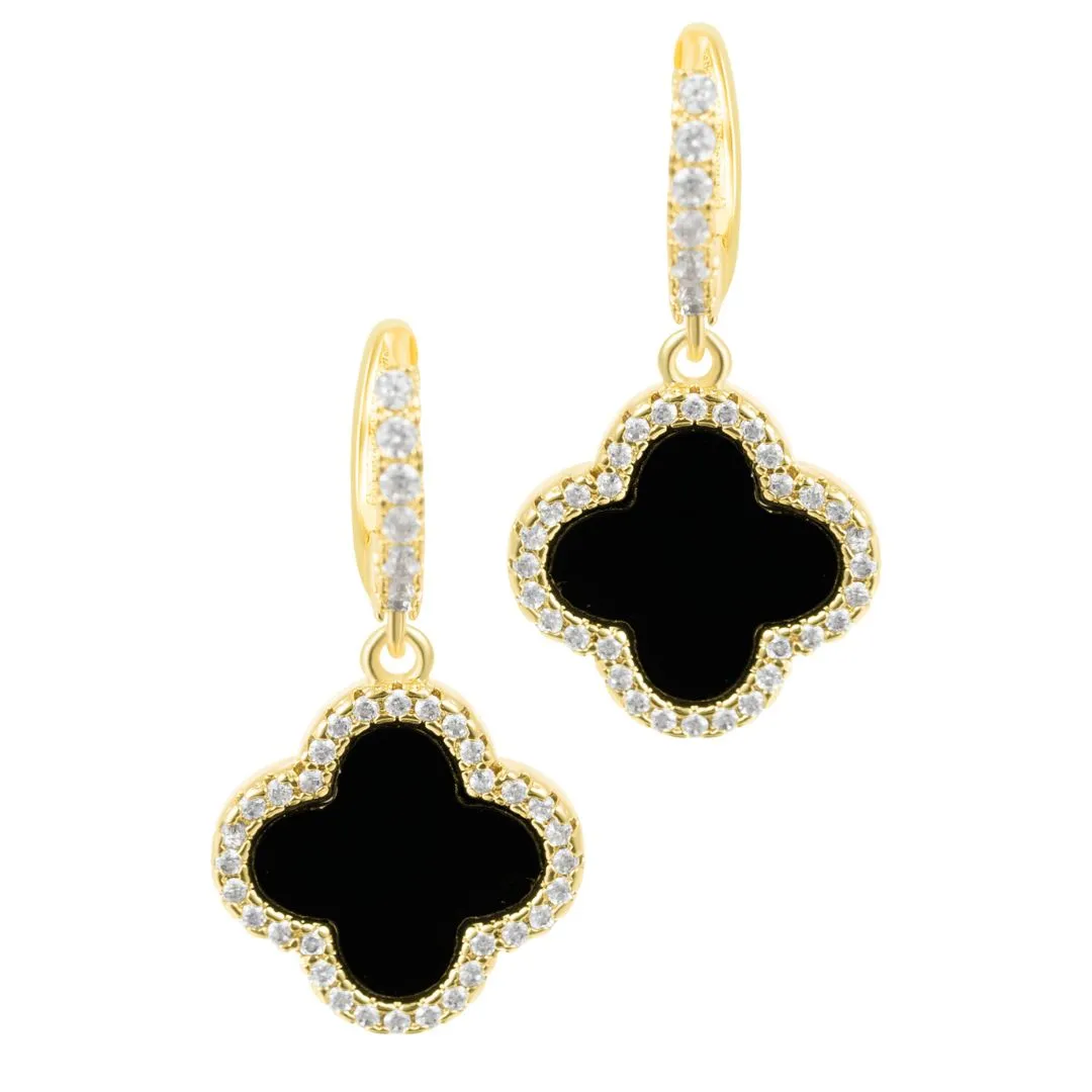 14k Gold Plated Crystal Halo Black Clover Dangle Huggie Earrings