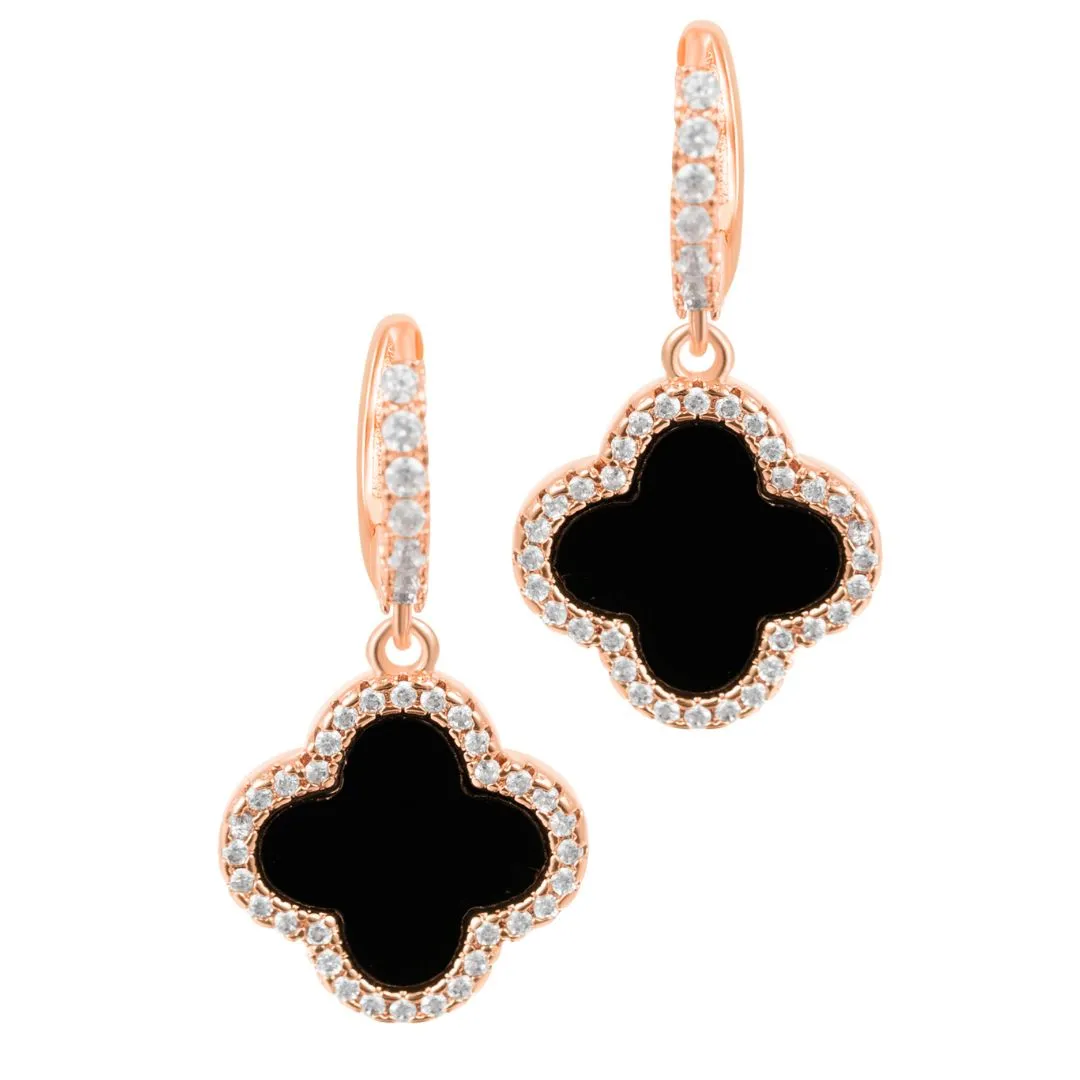 14k Gold Plated Crystal Halo Black Clover Dangle Huggie Earrings