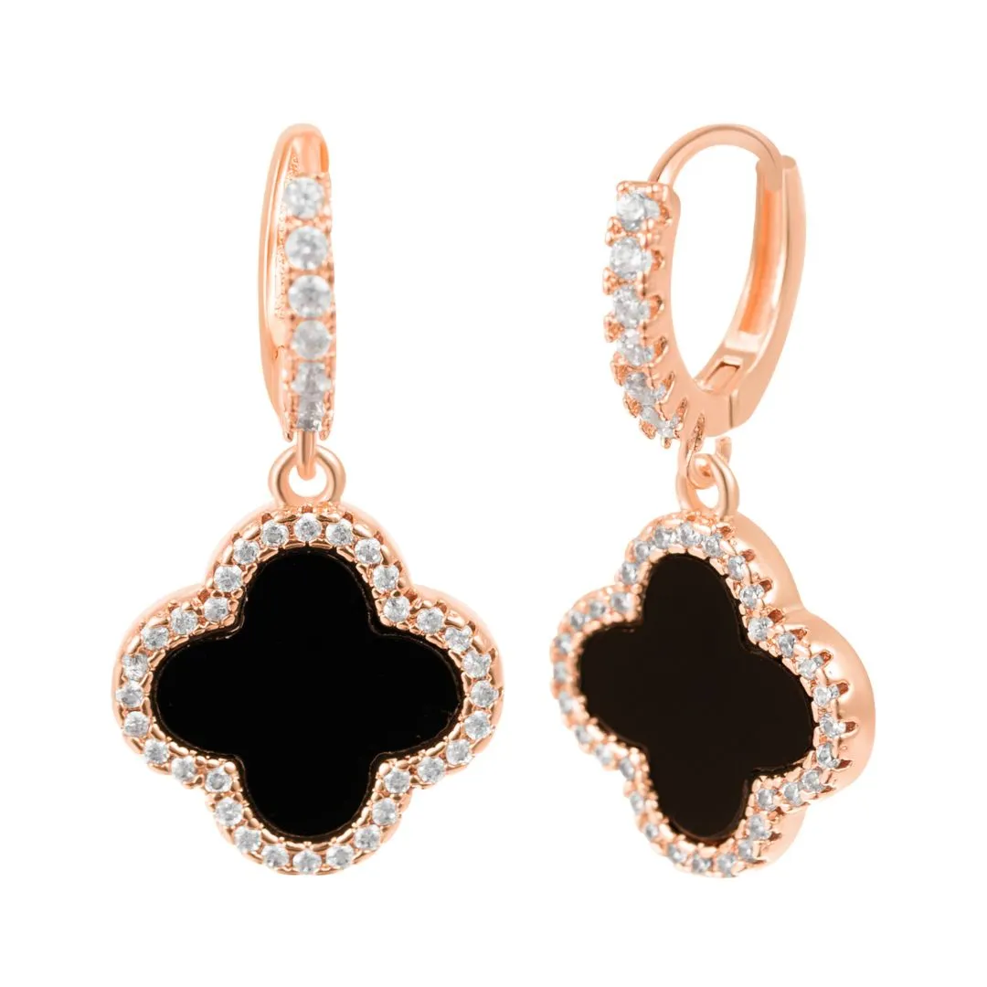 14k Gold Plated Crystal Halo Black Clover Dangle Huggie Earrings