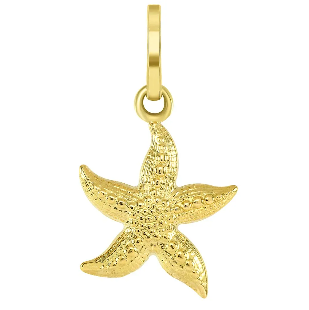 14k Gold Textured 3D Starfish Charm Pendant with Figaro Chain Necklace - Yellow Gold