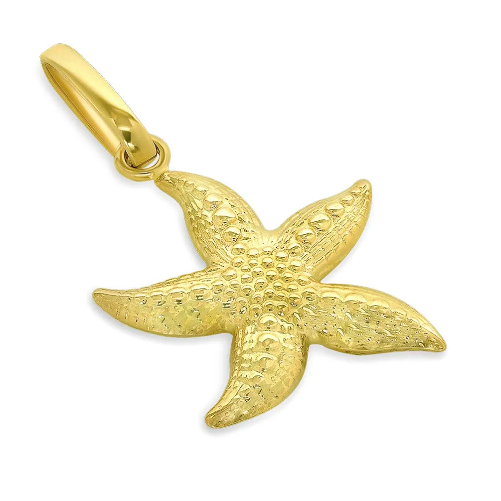 14k Gold Textured 3D Starfish Charm Pendant with Figaro Chain Necklace - Yellow Gold