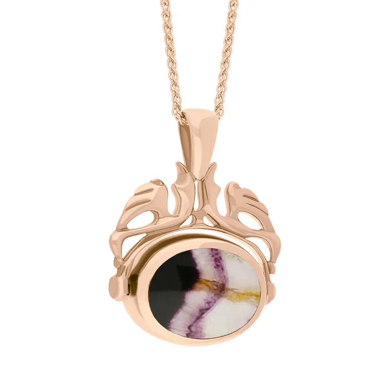18ct Rose Gold Whitby Jet Blue John Double Sided Oval Swivel Fob Necklace