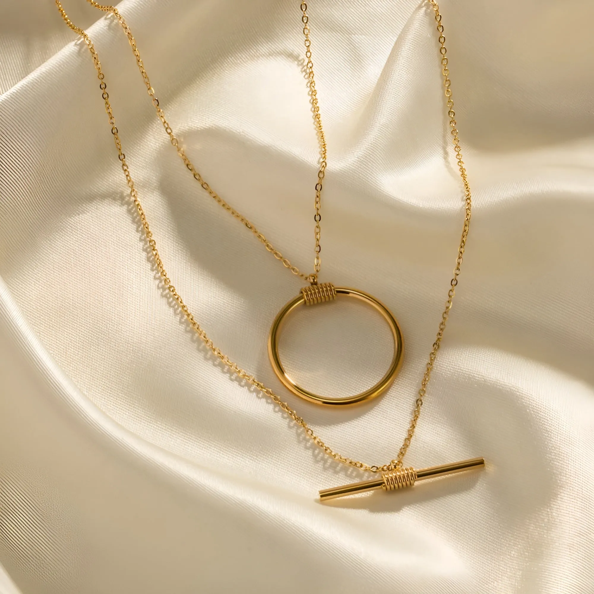 18K Gold Plated Double Layered Circle & Bar Necklace