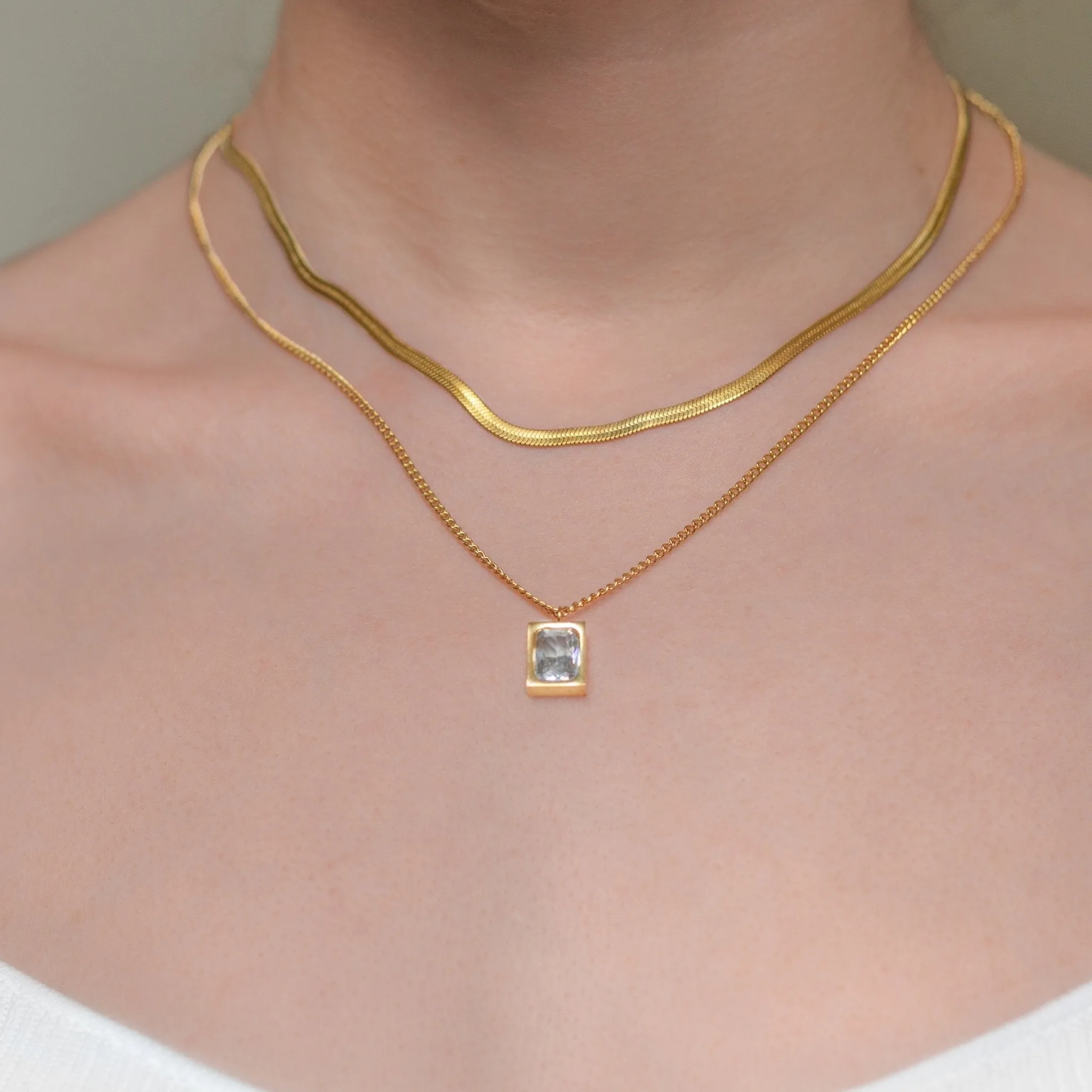 18K Gold Plated Stainless Steel Crystal Pendant Layered Necklace
