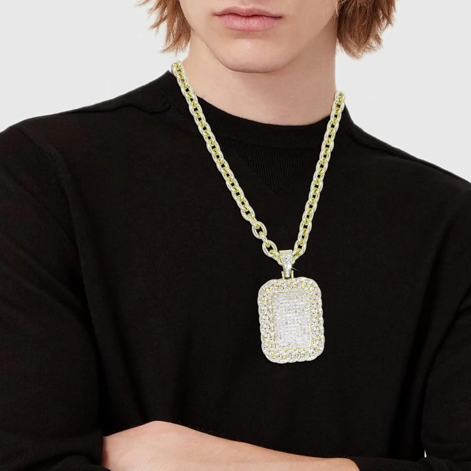 18K Gold Silver Geometry Rhinestone Pendant Necklace for Men Hip Hop Rock Punk Round Rectangle Triangle Eye Crystal Neckalces Cool Hippie Necklaces Jewelry for Men