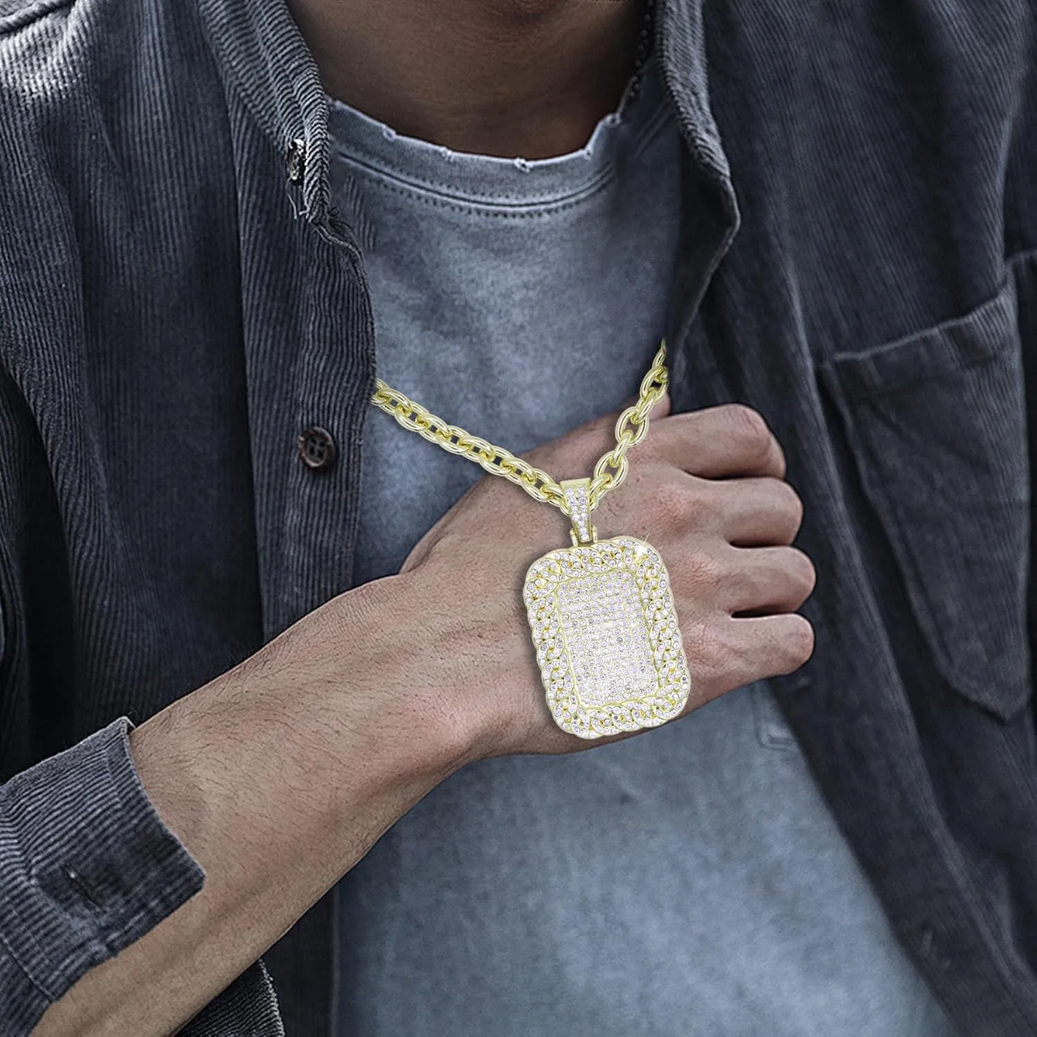18K Gold Silver Geometry Rhinestone Pendant Necklace for Men Hip Hop Rock Punk Round Rectangle Triangle Eye Crystal Neckalces Cool Hippie Necklaces Jewelry for Men