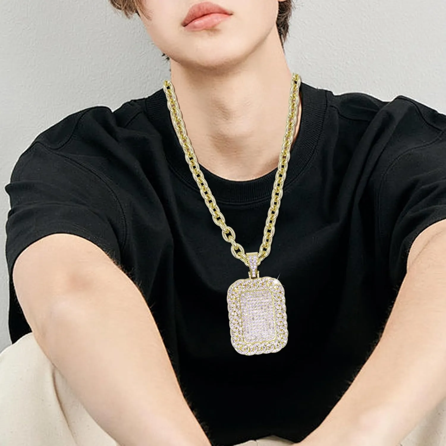 18K Gold Silver Geometry Rhinestone Pendant Necklace for Men Hip Hop Rock Punk Round Rectangle Triangle Eye Crystal Neckalces Cool Hippie Necklaces Jewelry for Men
