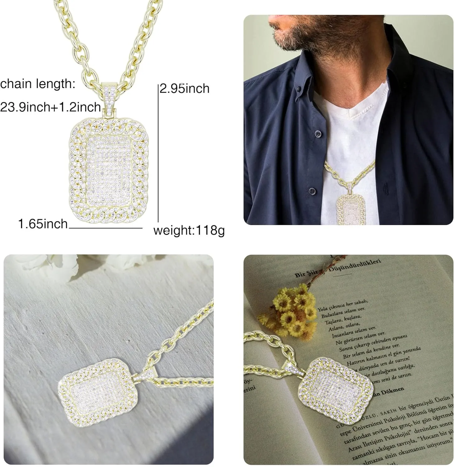 18K Gold Silver Geometry Rhinestone Pendant Necklace for Men Hip Hop Rock Punk Round Rectangle Triangle Eye Crystal Neckalces Cool Hippie Necklaces Jewelry for Men