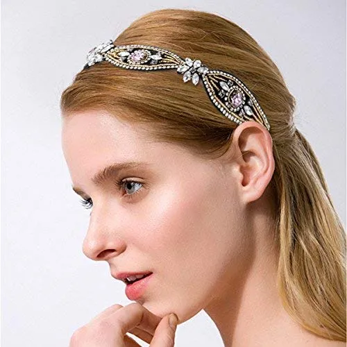 2 Pieces Rhinestone Beaded Elastic HeadbandFashion Headbands Handmade Hair Bands Hair Accessories for Lady Woman 20-25" Fits for Most