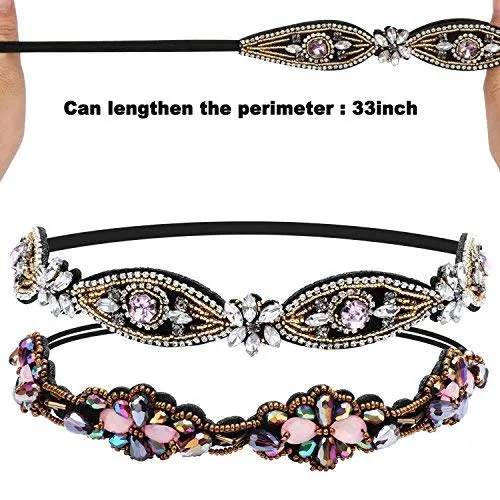 2 Pieces Rhinestone Beaded Elastic HeadbandFashion Headbands Handmade Hair Bands Hair Accessories for Lady Woman 20-25" Fits for Most