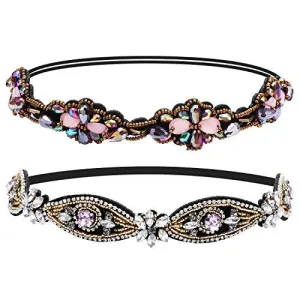 2 Pieces Rhinestone Beaded Elastic HeadbandFashion Headbands Handmade Hair Bands Hair Accessories for Lady Woman 20-25" Fits for Most