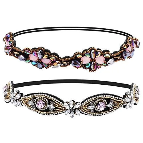 2 Pieces Rhinestone Beaded Elastic HeadbandFashion Headbands Handmade Hair Bands Hair Accessories for Lady Woman 20-25" Fits for Most