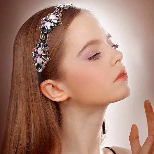 2 Pieces Rhinestone Beaded Elastic HeadbandFashion Headbands Handmade Hair Bands Hair Accessories for Lady Woman 20-25" Fits for Most