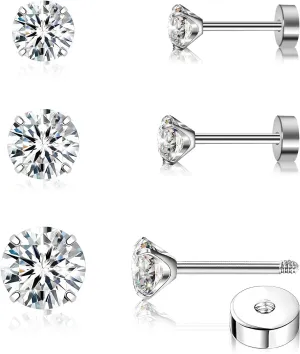3 Pairs Flat Back Earrings for Women, Titanium CZ Stud Flat Screw Back, Hypoallergenic Cartilage Flatback, Tragus Helix Tragus Conch Piercing(3mm/4mm/5mm Gold/Pink/Silver/Black White CZ)