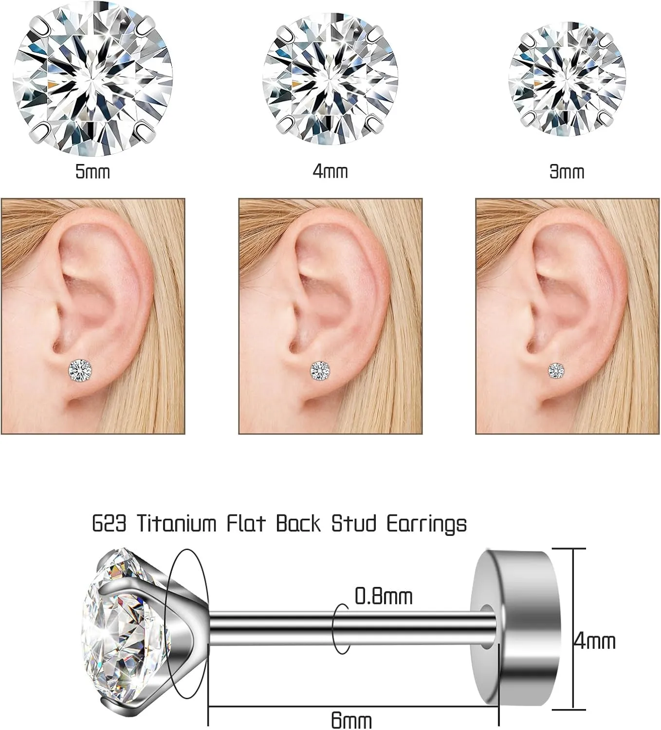 3 Pairs Flat Back Earrings for Women, Titanium CZ Stud Flat Screw Back, Hypoallergenic Cartilage Flatback, Tragus Helix Tragus Conch Piercing(3mm/4mm/5mm Gold/Pink/Silver/Black White CZ)