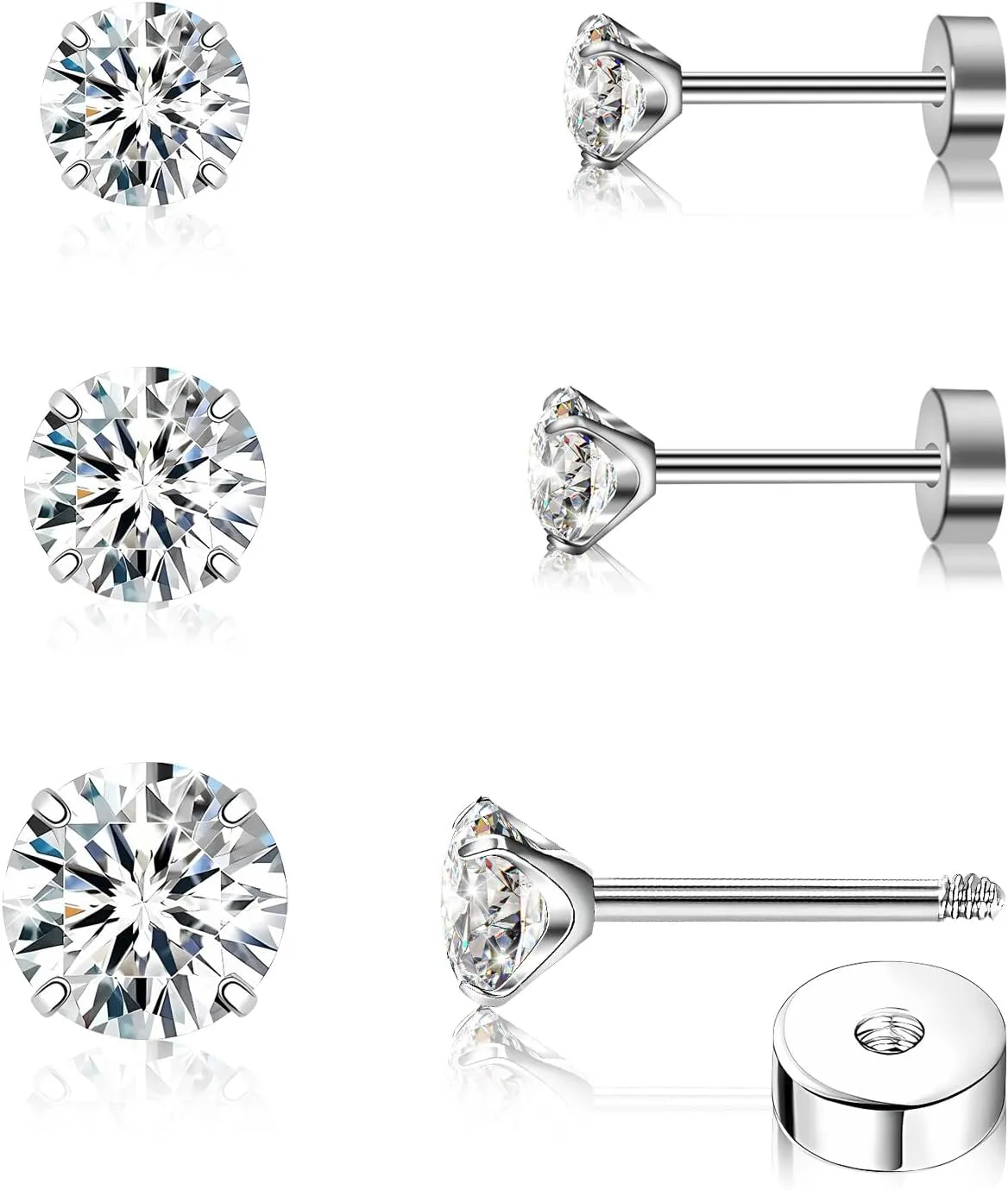 3 Pairs Flat Back Earrings for Women, Titanium CZ Stud Flat Screw Back, Hypoallergenic Cartilage Flatback, Tragus Helix Tragus Conch Piercing(3mm/4mm/5mm Gold/Pink/Silver/Black White CZ)