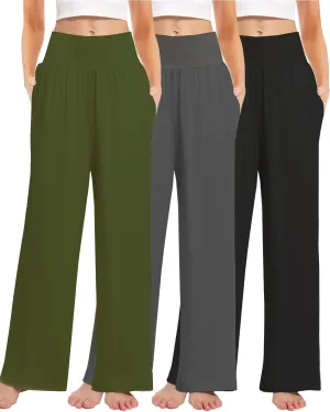 3PACK Women's Casual Loose Wide Leg Cozy Pants Yoga High Waisted Sweatpants Comfy Lounge Pants with Pants with Pockets