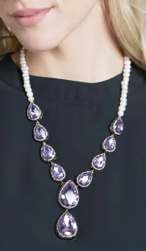 Amira Jeweled Statement Necklace - Purple/Pearl