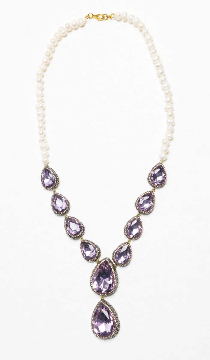 Amira Jeweled Statement Necklace - Purple/Pearl
