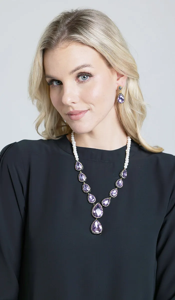 Amira Jeweled Statement Necklace - Purple/Pearl