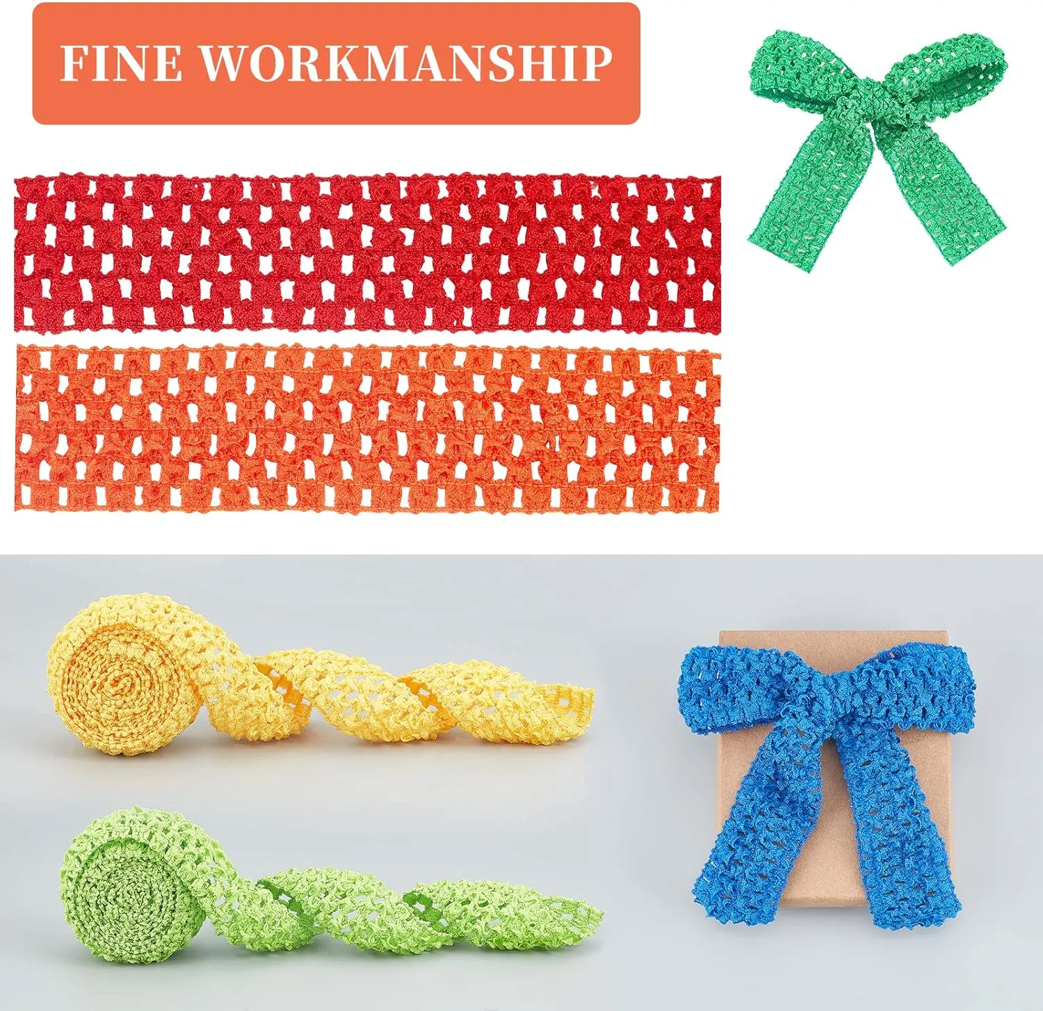 BENECREAT 15 Yards 1.5" Wide Elastic Crochet Headband 7 Mixed Color Ribbon Crochet Stretch Trim for Hair Accessories and Tutus Dresses, 2.18 Yards per Roll