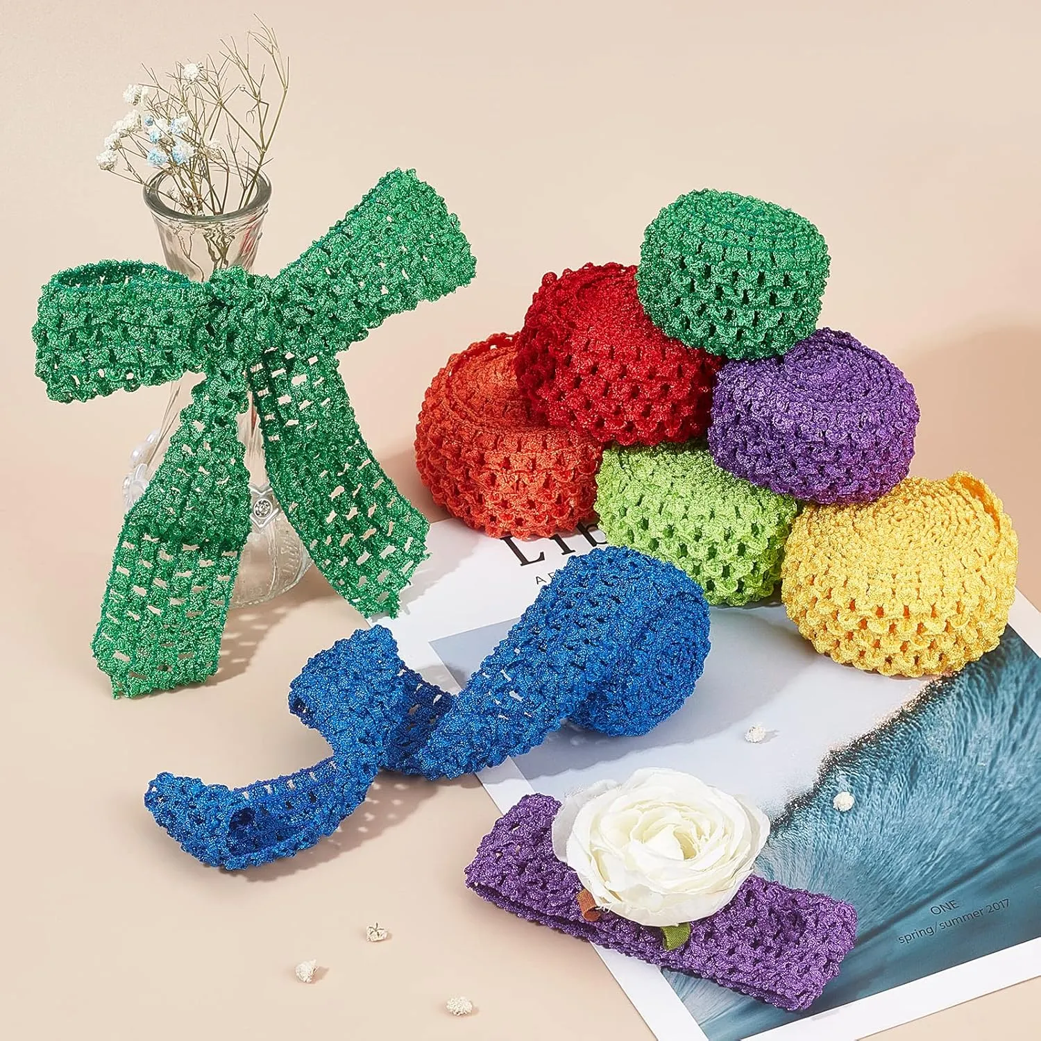 BENECREAT 15 Yards 1.5" Wide Elastic Crochet Headband 7 Mixed Color Ribbon Crochet Stretch Trim for Hair Accessories and Tutus Dresses, 2.18 Yards per Roll