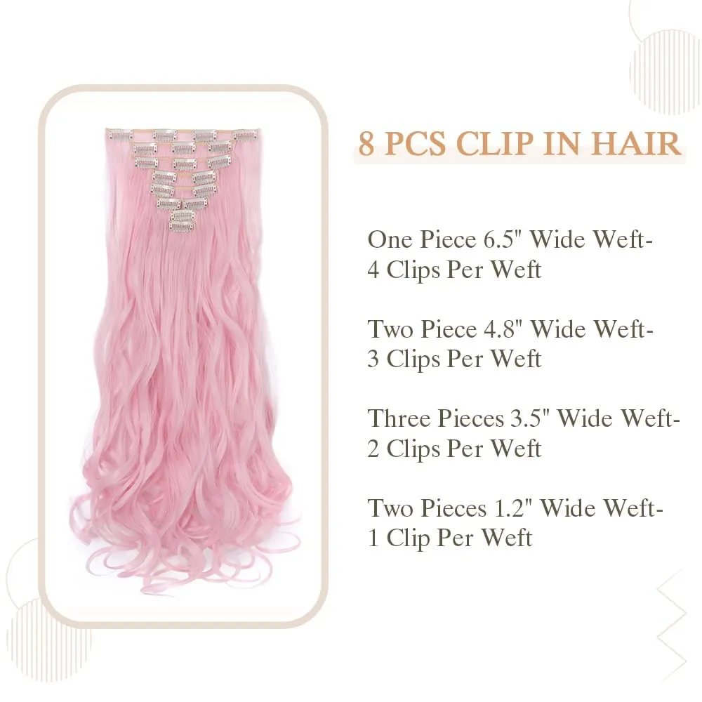 Benehair Light Pink Hair Extensions Pink 8PCS Clip in Hair Extensions Seamless Double Weft Highlight Wavy Curly Full Head 18 Clips Women Colorful Hairpiece 24" Curly Cosplay Tangle-free Party