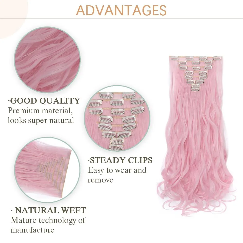 Benehair Light Pink Hair Extensions Pink 8PCS Clip in Hair Extensions Seamless Double Weft Highlight Wavy Curly Full Head 18 Clips Women Colorful Hairpiece 24" Curly Cosplay Tangle-free Party