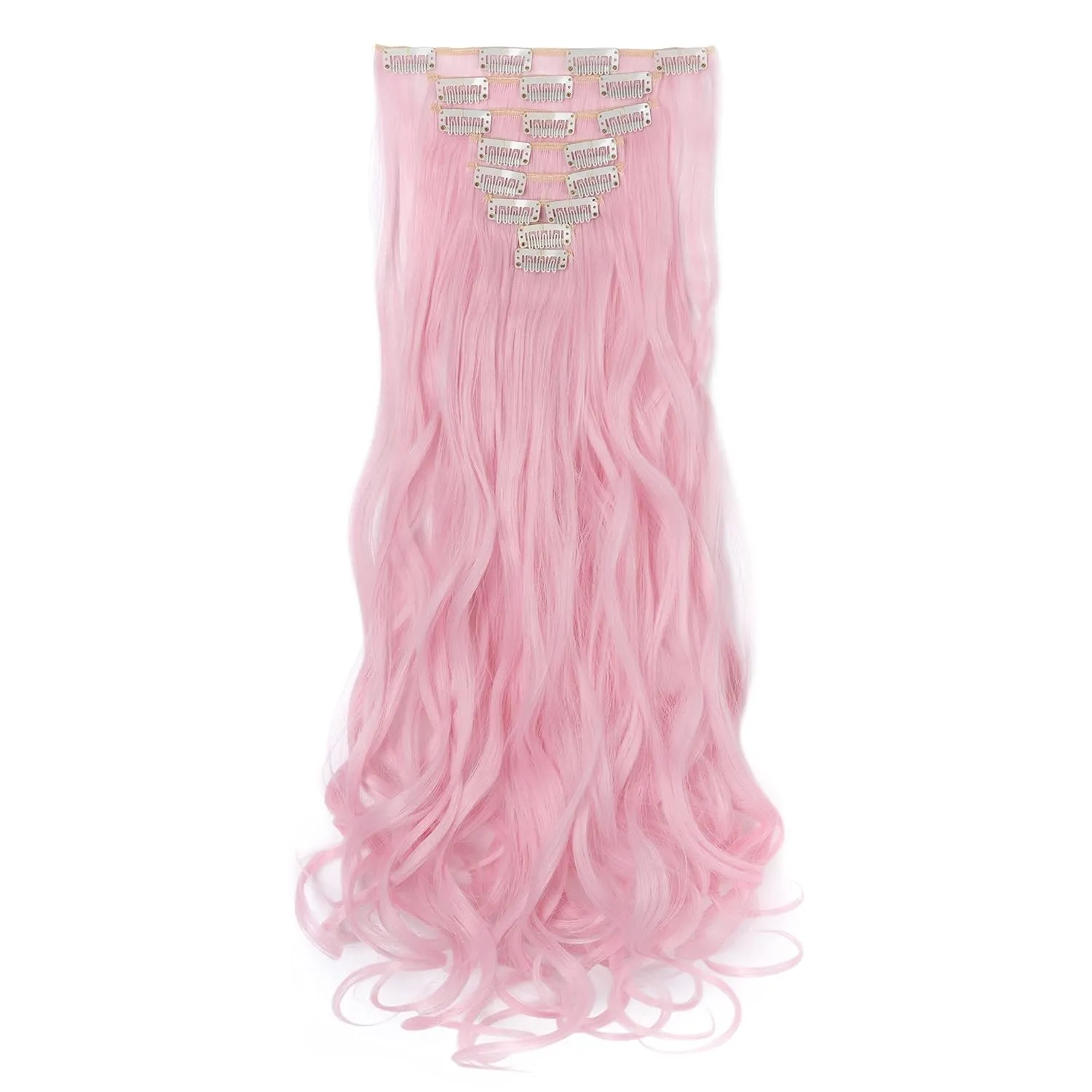 Benehair Light Pink Hair Extensions Pink 8PCS Clip in Hair Extensions Seamless Double Weft Highlight Wavy Curly Full Head 18 Clips Women Colorful Hairpiece 24" Curly Cosplay Tangle-free Party