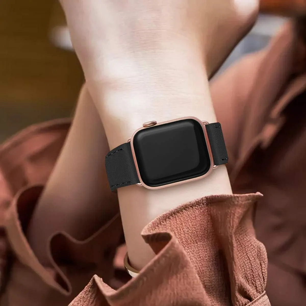 Bestig Leather Bands Compatible with Apple Watch Band 38mm 40mm 41mm 42mm 44mm 45mm 46mm 49mm for Women Men, Genuine Leather Strap for iWatch Ultra SE Series 10 9 8 7 6 5 4 3 2 1(Black Rose Gold)
