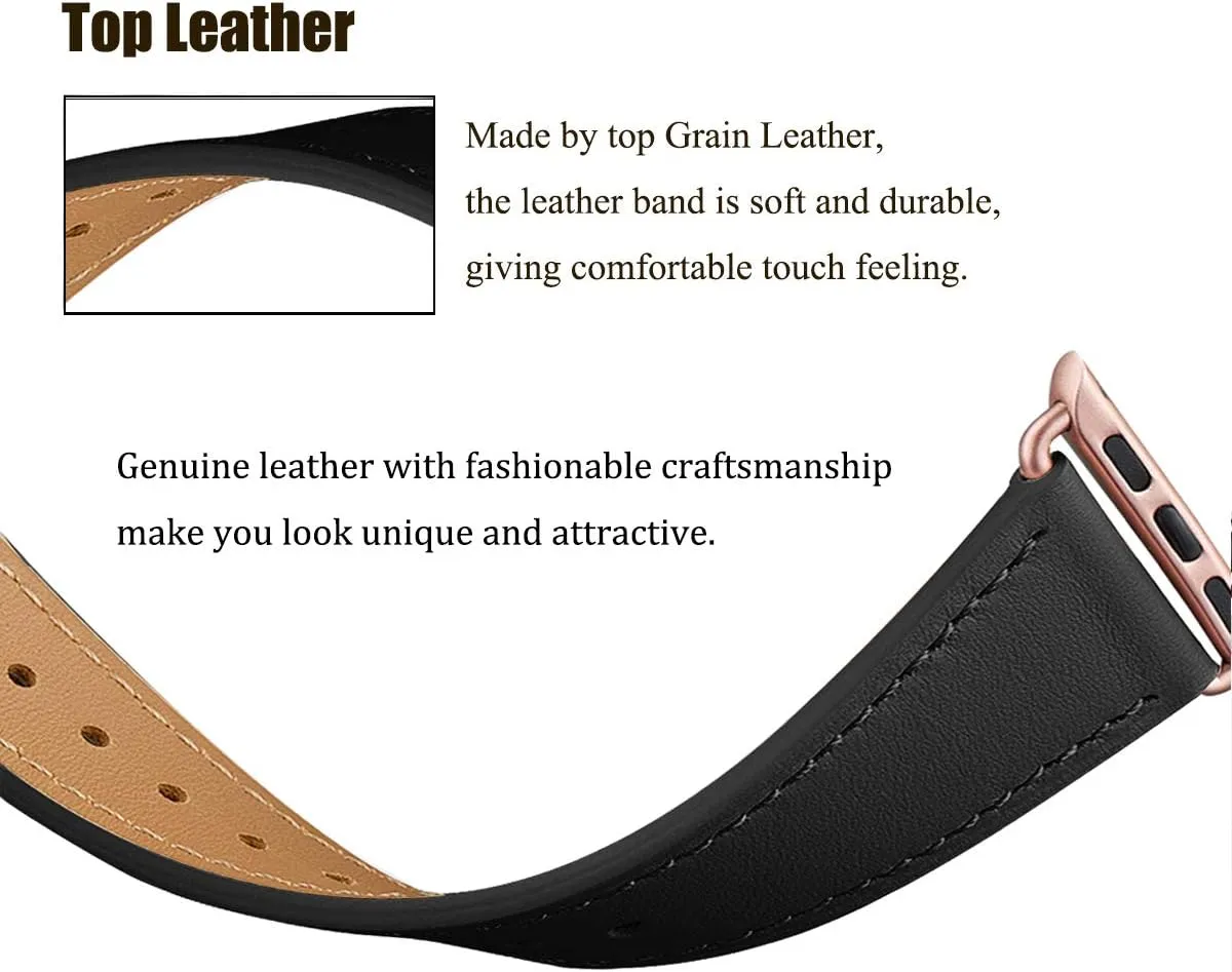 Bestig Leather Bands Compatible with Apple Watch Band 38mm 40mm 41mm 42mm 44mm 45mm 46mm 49mm for Women Men, Genuine Leather Strap for iWatch Ultra SE Series 10 9 8 7 6 5 4 3 2 1(Black Rose Gold)