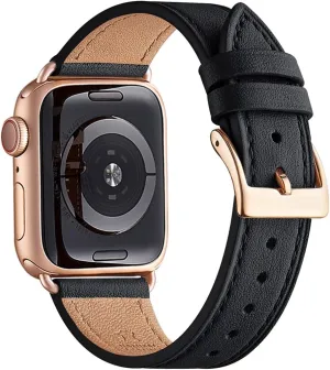 Bestig Leather Bands Compatible with Apple Watch Band 38mm 40mm 41mm 42mm 44mm 45mm 46mm 49mm for Women Men, Genuine Leather Strap for iWatch Ultra SE Series 10 9 8 7 6 5 4 3 2 1(Black Rose Gold)