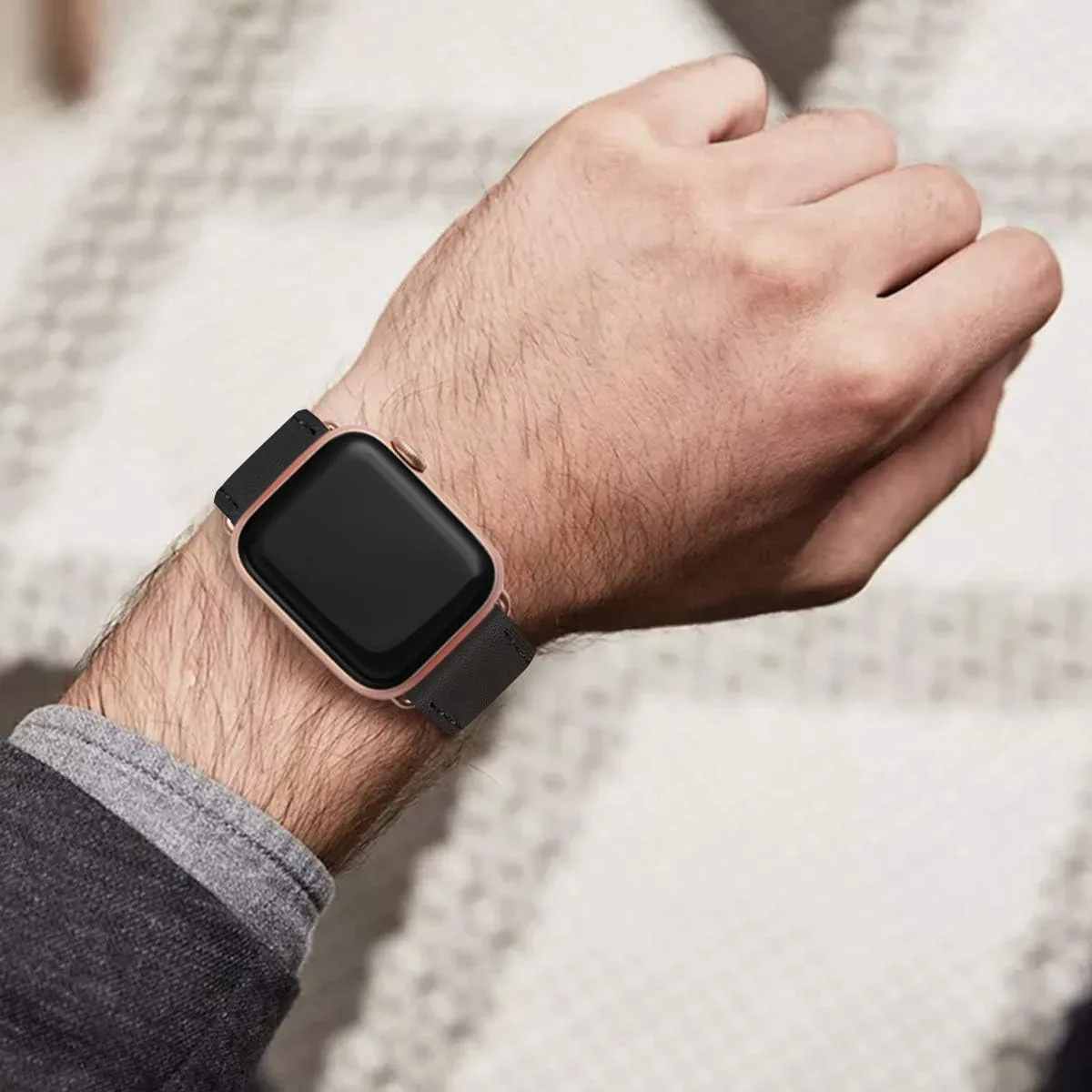 Bestig Leather Bands Compatible with Apple Watch Band 38mm 40mm 41mm 42mm 44mm 45mm 46mm 49mm for Women Men, Genuine Leather Strap for iWatch Ultra SE Series 10 9 8 7 6 5 4 3 2 1(Black Rose Gold)