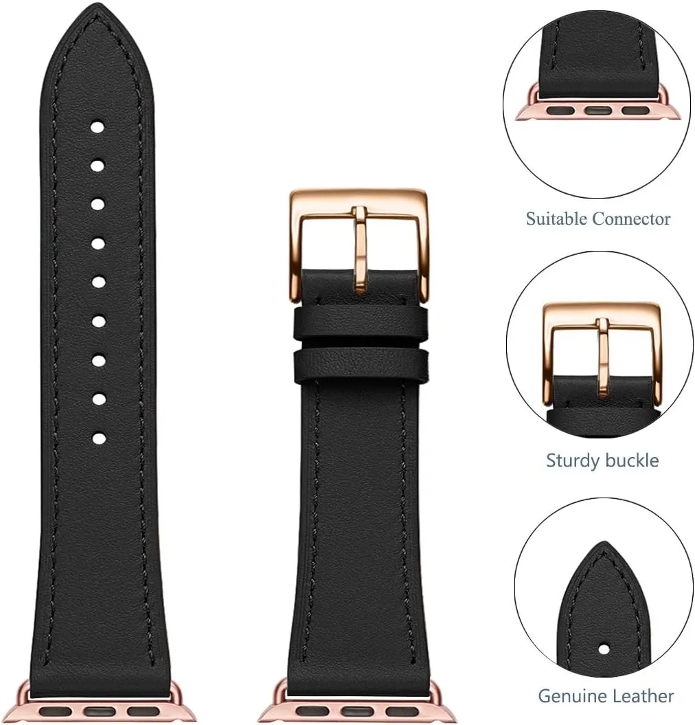 Bestig Leather Bands Compatible with Apple Watch Band 38mm 40mm 41mm 42mm 44mm 45mm 46mm 49mm for Women Men, Genuine Leather Strap for iWatch Ultra SE Series 10 9 8 7 6 5 4 3 2 1(Black Rose Gold)