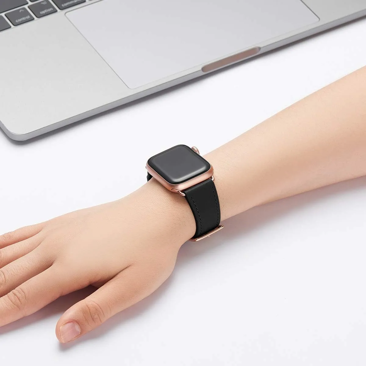 Bestig Leather Bands Compatible with Apple Watch Band 38mm 40mm 41mm 42mm 44mm 45mm 46mm 49mm for Women Men, Genuine Leather Strap for iWatch Ultra SE Series 10 9 8 7 6 5 4 3 2 1(Black Rose Gold)
