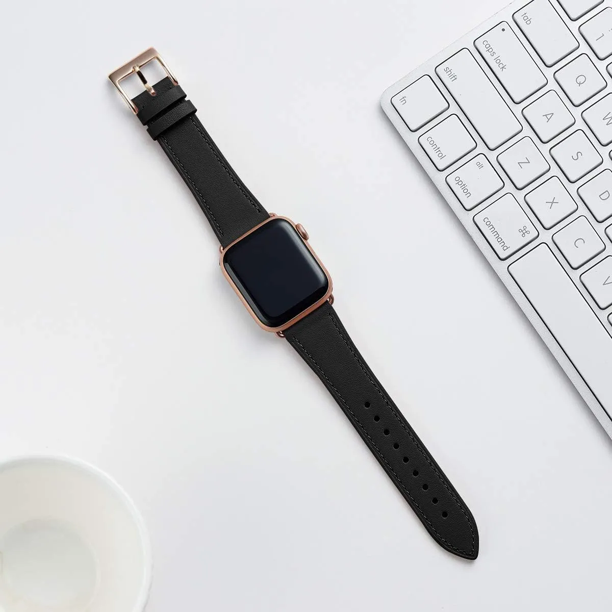 Bestig Leather Bands Compatible with Apple Watch Band 38mm 40mm 41mm 42mm 44mm 45mm 46mm 49mm for Women Men, Genuine Leather Strap for iWatch Ultra SE Series 10 9 8 7 6 5 4 3 2 1(Black Rose Gold)