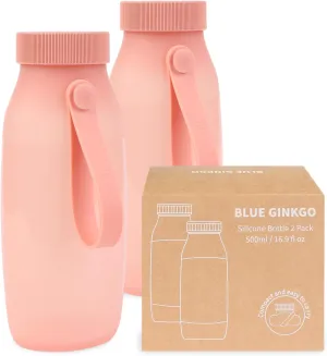 BLUE GINKGO Collapsible Water Bottle [2-Pack]  Lightweight, Foldable Silicone Bottles for Travel, Hiking, and Camping (16.9oz, Made in Korea, Rose Pink)