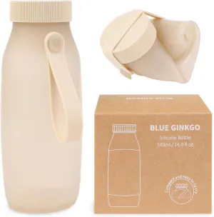 BLUE GINKGO Collapsible Water Bottle  Lightweight, Foldable Silicone Bottle for Travel, Hiking, and Camping (16.9oz, Made in Korea, Sand Beige)