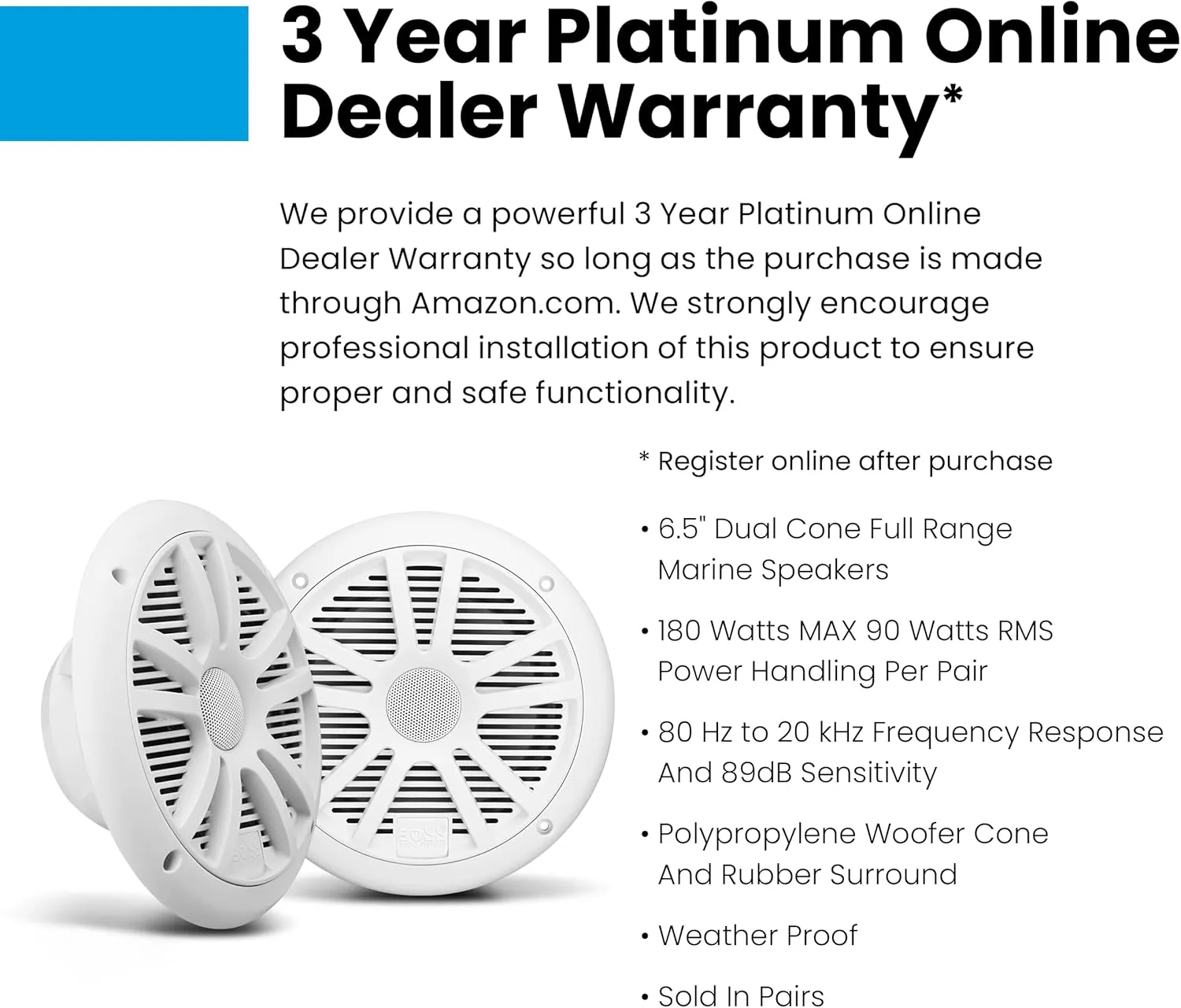 BOSS Audio Systems MR6W 6.5 Marine Speakers - 180 Watts (Per Pair), Full Range, 2-Way, Coaxial, 4 Ohms, Weatherproof