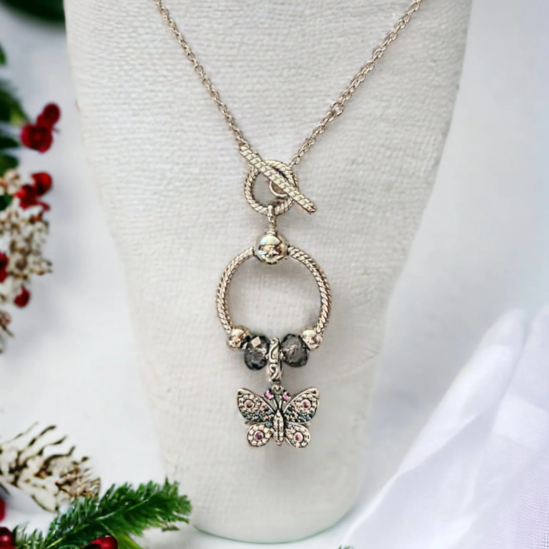 Butterfly Sterling Silver Toggle Charm Necklace, 20 inches