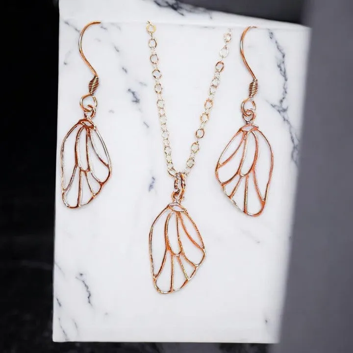 Butterfly/Fairy Wing Rose Gold necklace/earrings set, 18 inch