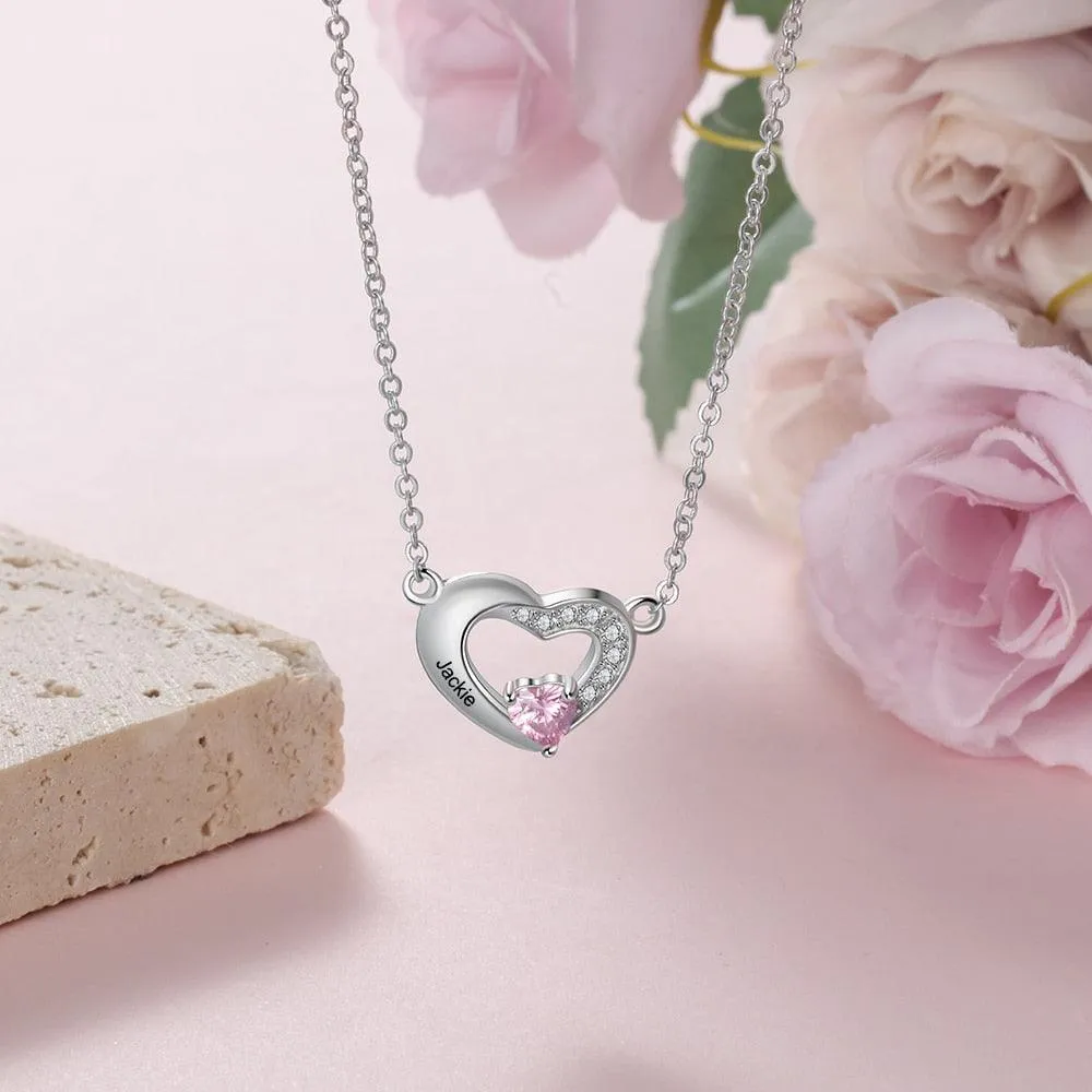 Classic Heart Pendant Necklace for Women, Personalized Birthstone and Name Engraving Pendant