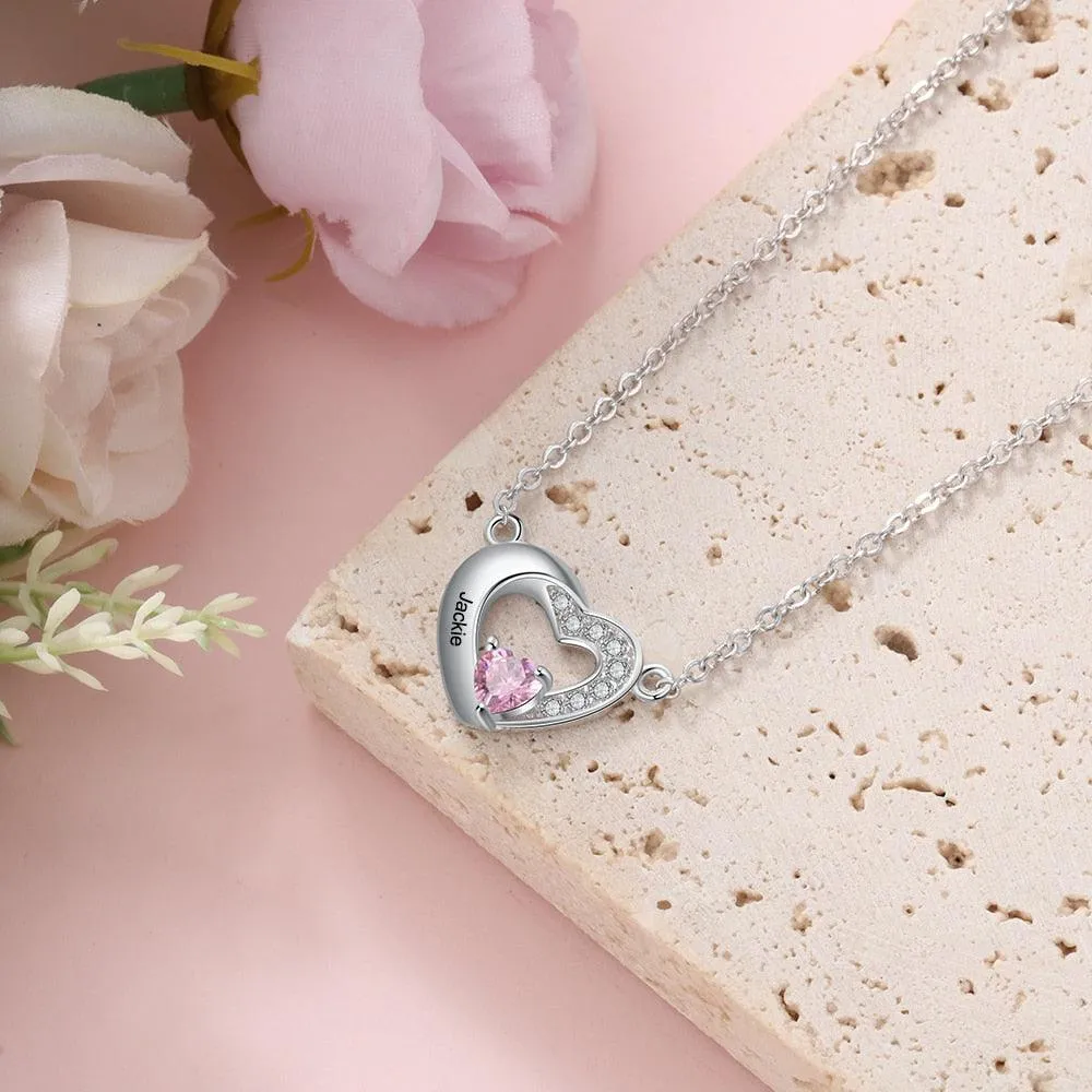 Classic Heart Pendant Necklace for Women, Personalized Birthstone and Name Engraving Pendant