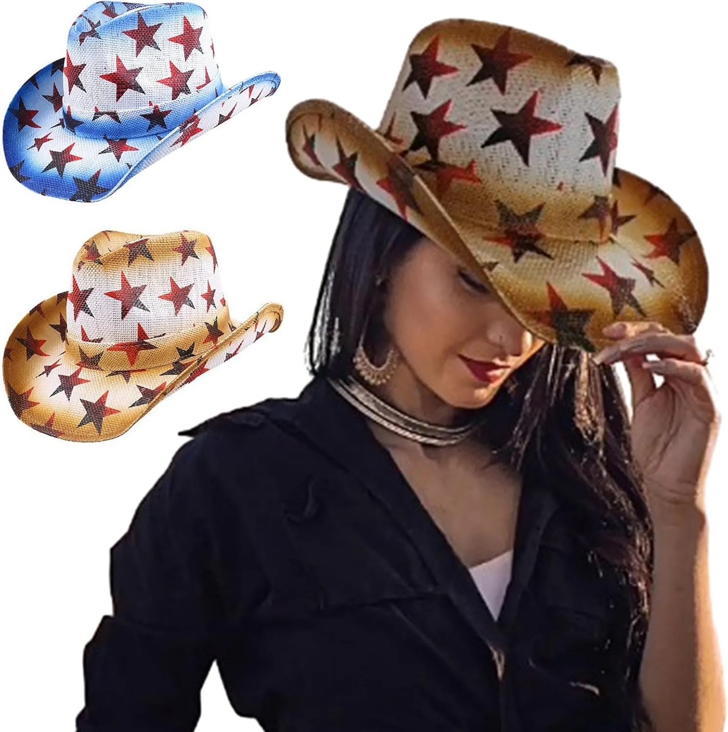 Cowboy hat,Ethnic Hats with Color Printed Western Party Large Rolled Brims Hat Fedoras Felts Sunproof Hat