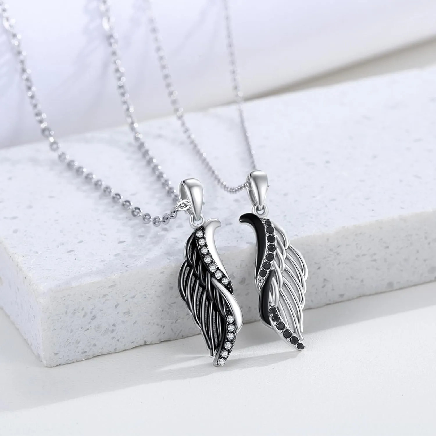 CUOKA MIRACLE Couple Wings Necklace, 925 Sterling Silver A Pair Couple Jewelry Guardian Angel Wings His and Her Matching Necklace Wings Black and White Angel Pendant Gift for Couples Best Friends