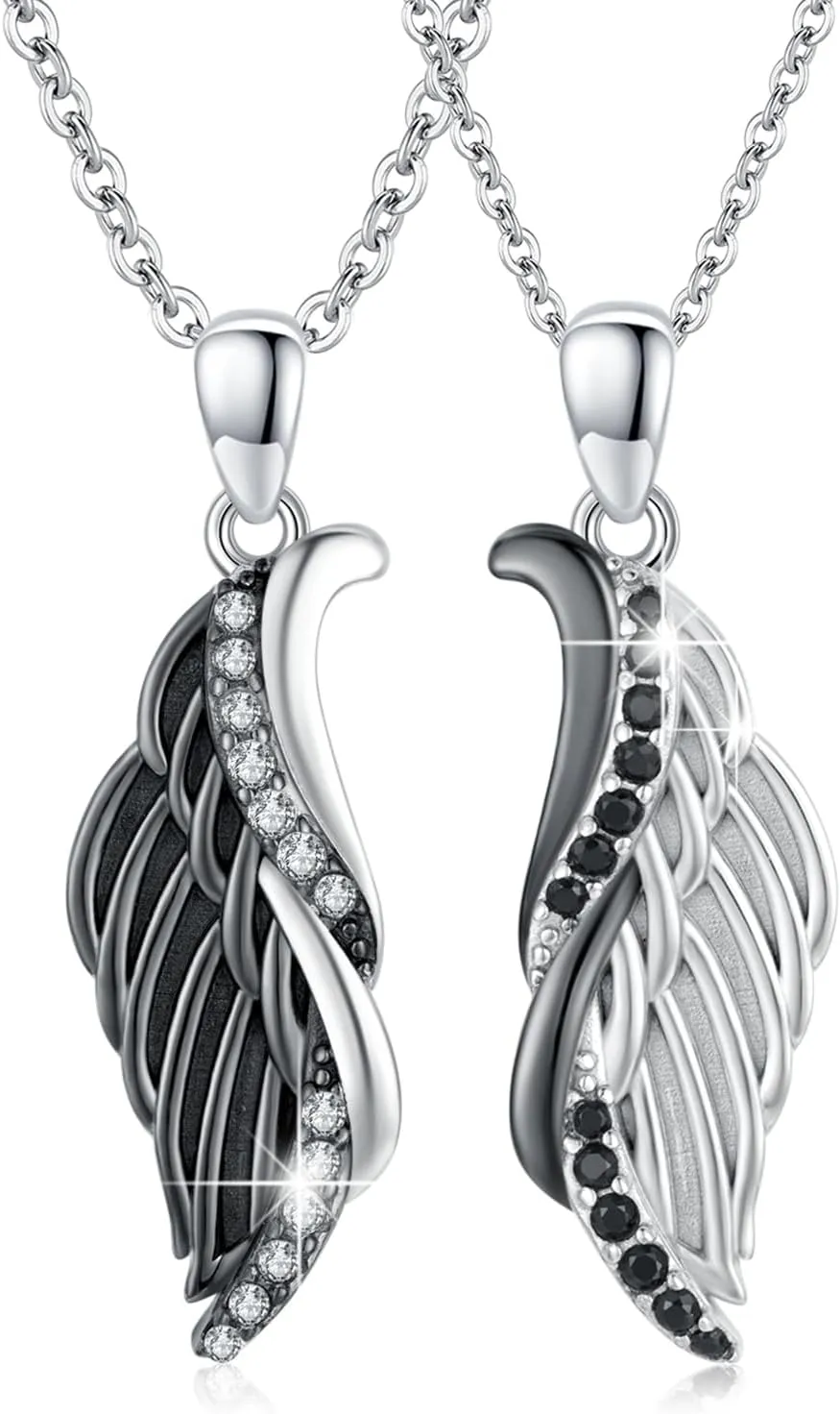 CUOKA MIRACLE Couple Wings Necklace, 925 Sterling Silver A Pair Couple Jewelry Guardian Angel Wings His and Her Matching Necklace Wings Black and White Angel Pendant Gift for Couples Best Friends